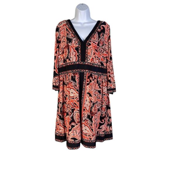 INC International Concepts Womens Red Black Print V Neck Knee Length Dress Sz 1X - Picture 1 of 6